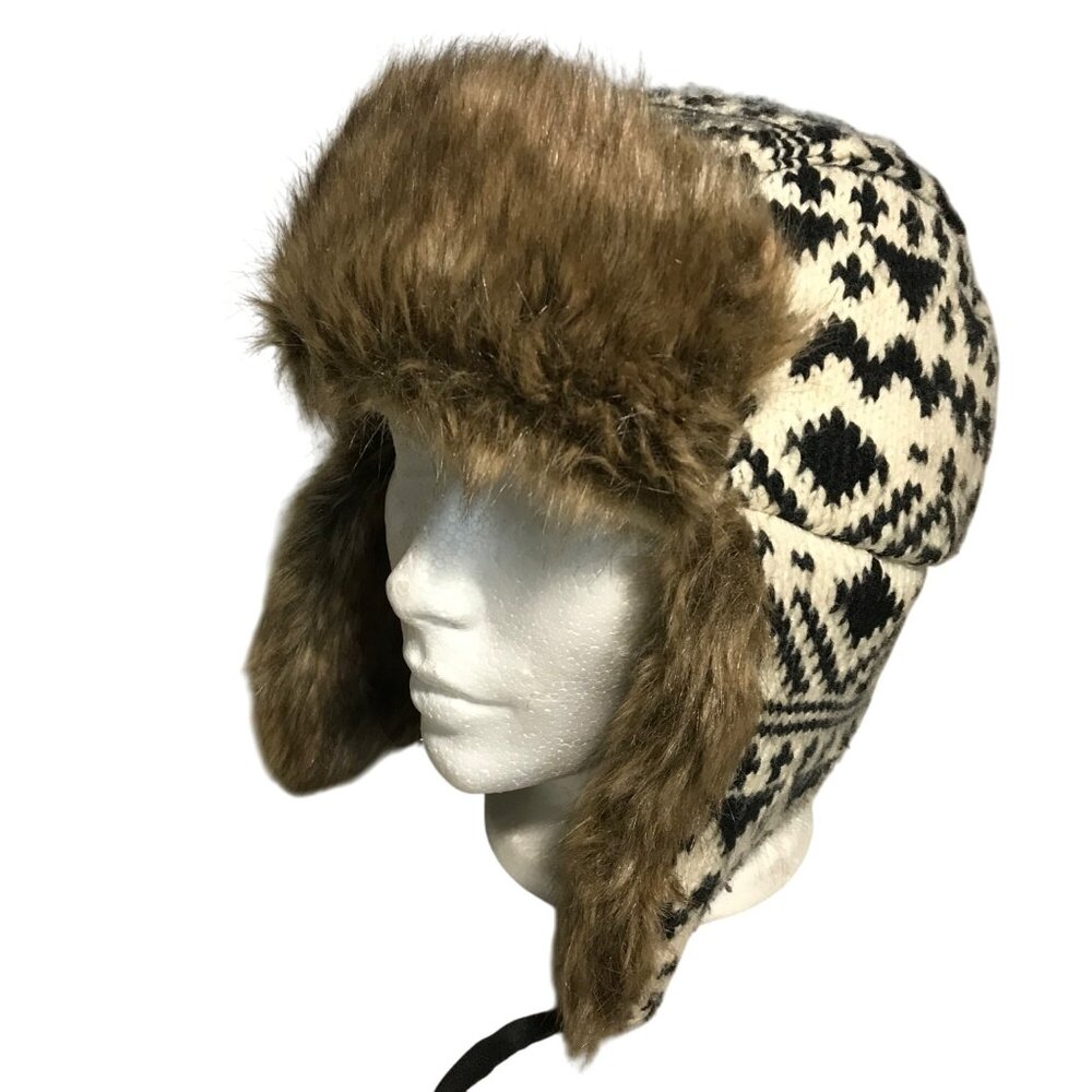 Chaos Trapper Hat Faux Fur Lined Knit Ear Flaps Tie Strings One Size Black White